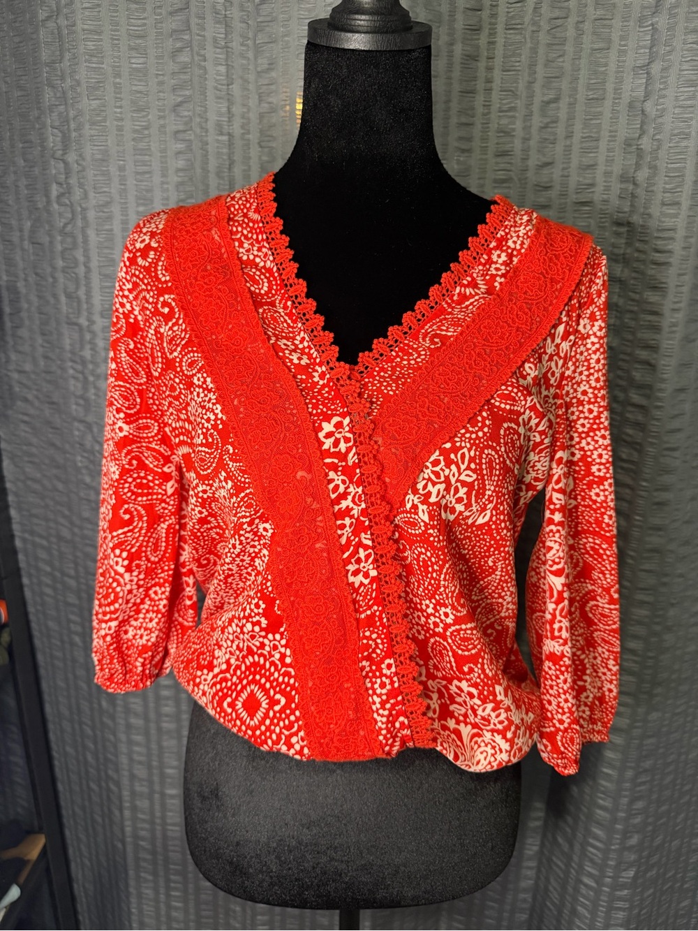 Blue Rain Orange Paisley Lace-Trim V-Neck Blouse